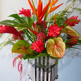 Large contemporary hat box of tropical flowers.